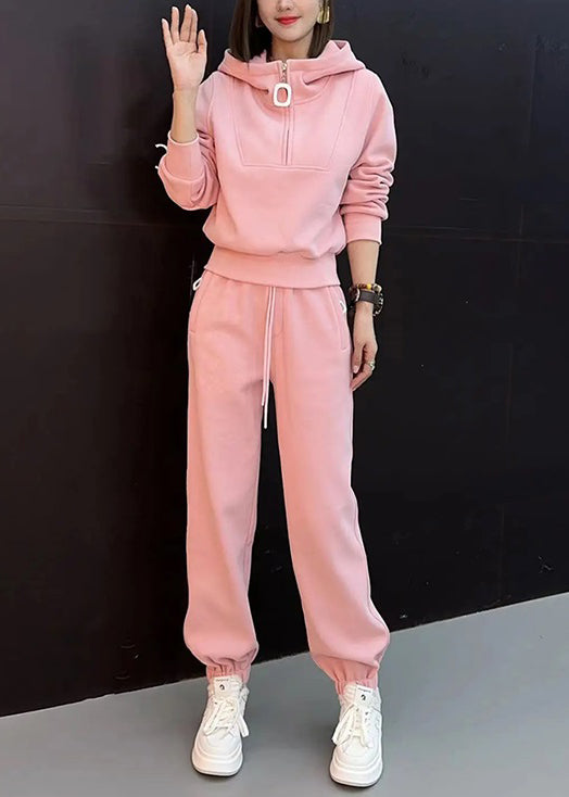 New Pink Hooded Zippered Tops and Beam Pants Cotton Two Pieces Set Spring