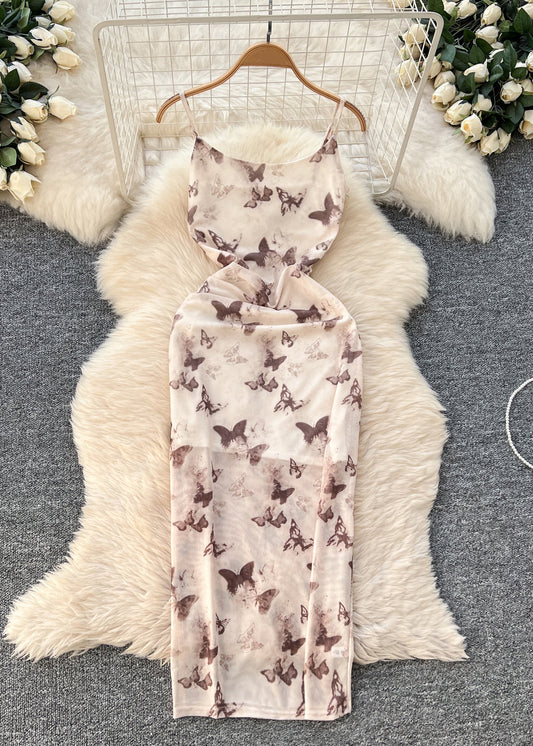 Beige Butterfly Side Open Tulle Summer Dress