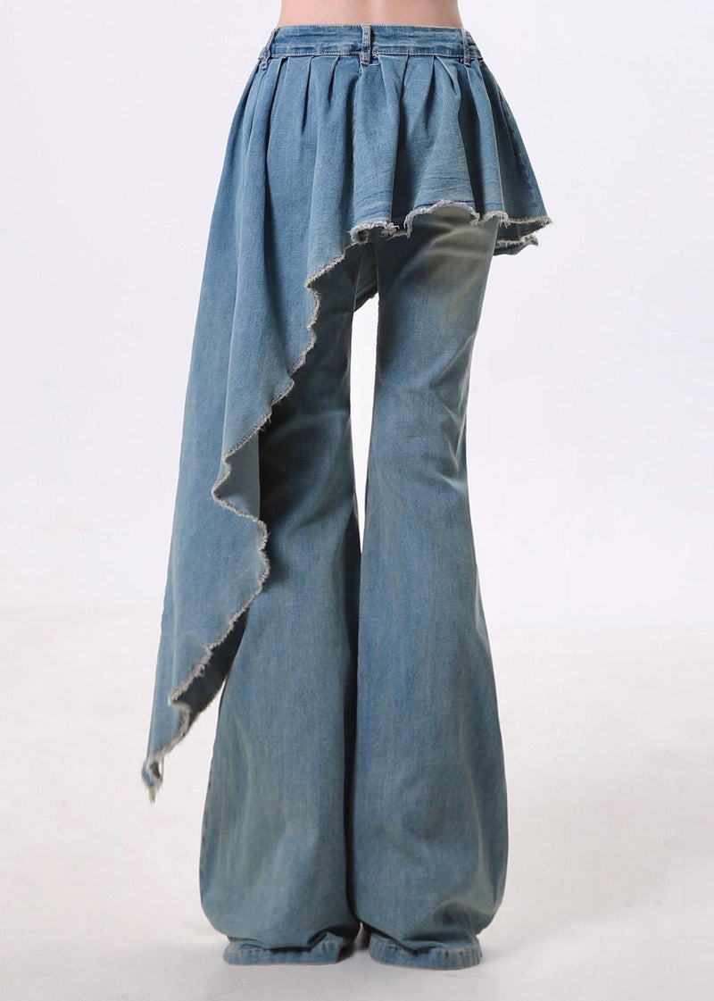 Blue Asymmetrical Patchwork Denim Flared Trousers Pants Spring