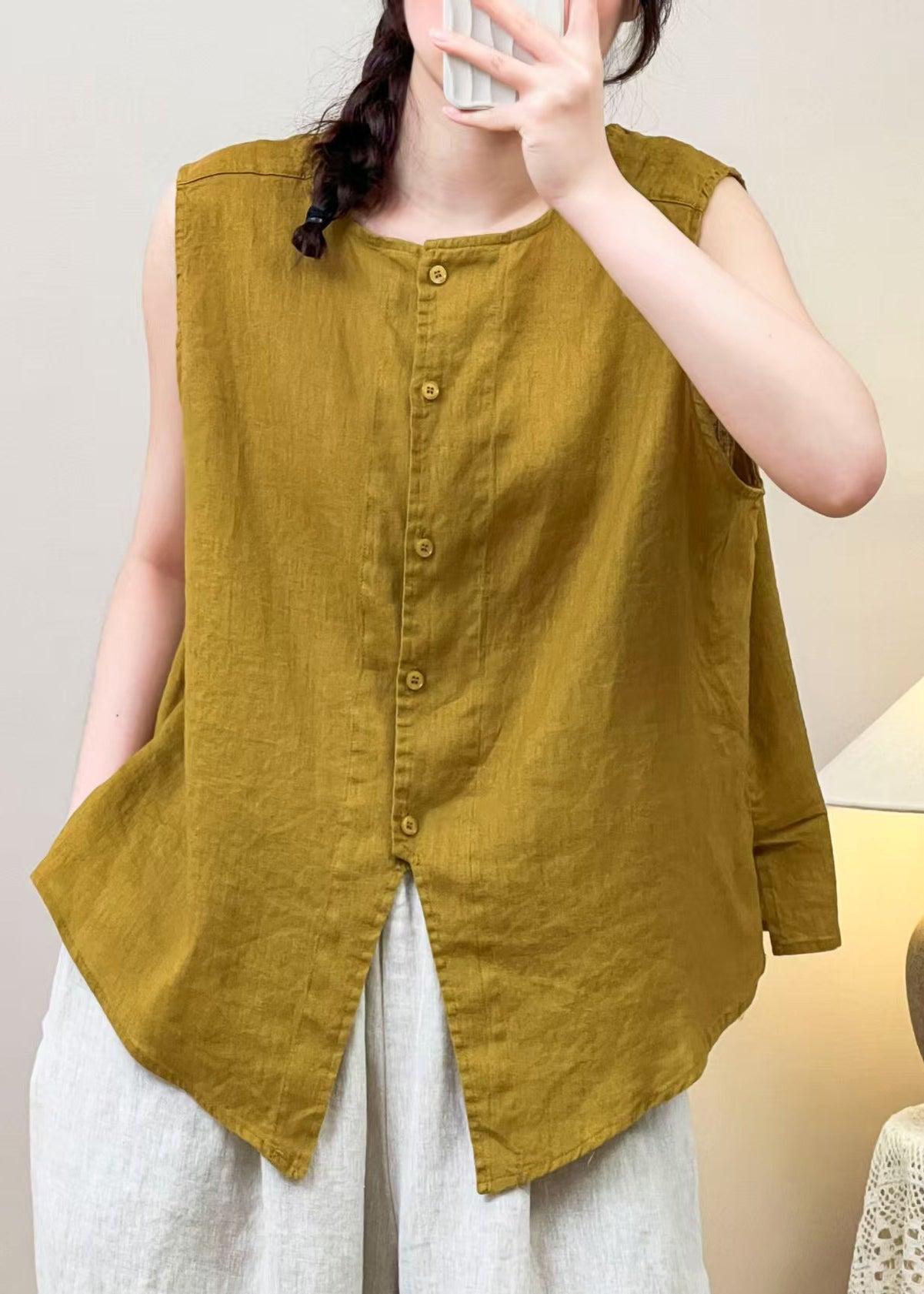 Yellow Wear on Both Sides Linen Blouses Summer