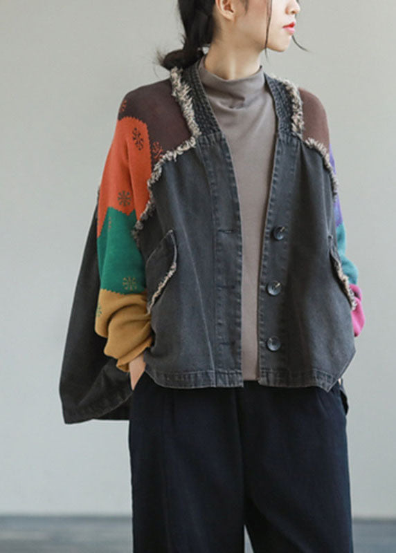Unique Blue Denim Patchwork Knit Pockets Button Fall Coat Long Sleeve