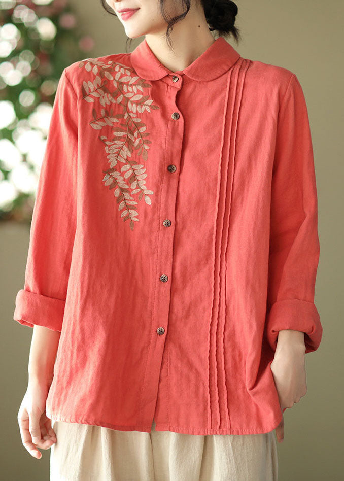Red Slim Fit Cotton Shirt Top Embroidered Wrinkled Spring