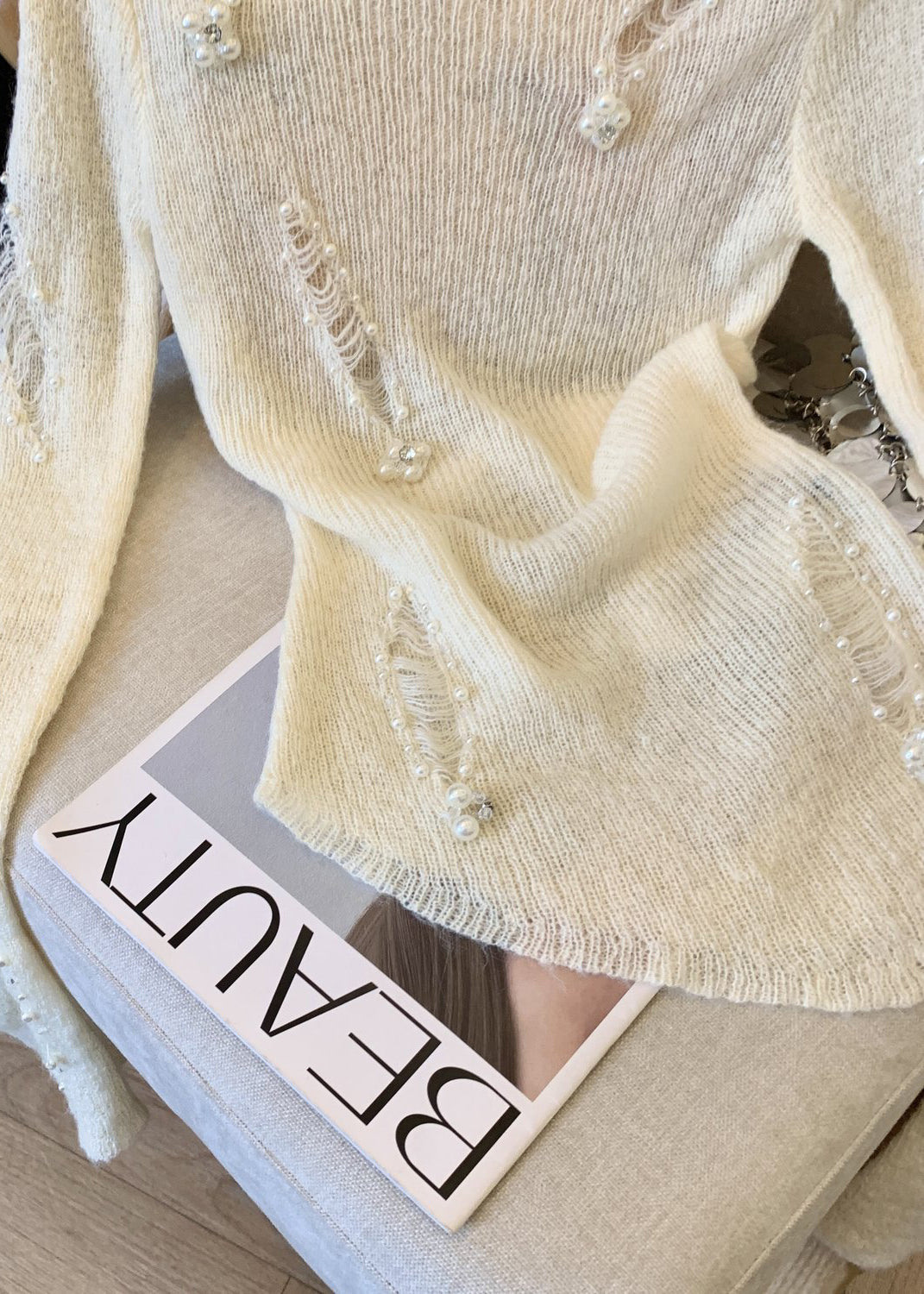 White Nail Bead Knit Ripped Sweater Spring