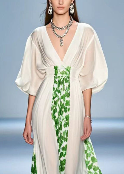 White V Neck Print Silk Party Dress Summer
