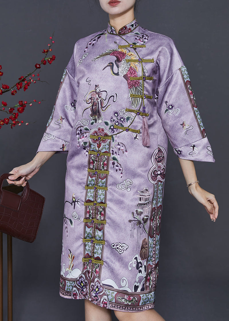 Purple Tasseled Print Silk Cheongsam Dresses Summer