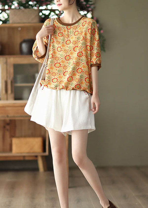 Yellow O Neck Print Patchwork Linen Top Summer