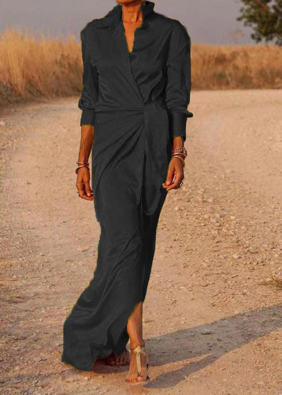 Red Peter Pan Collar Tie Waist Silk Long Dress Spring