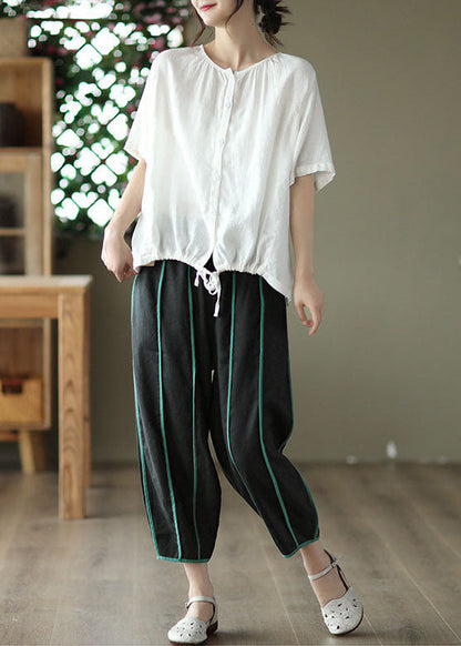 Black High Waist Pockets Striped Linen Crop Pants Summer