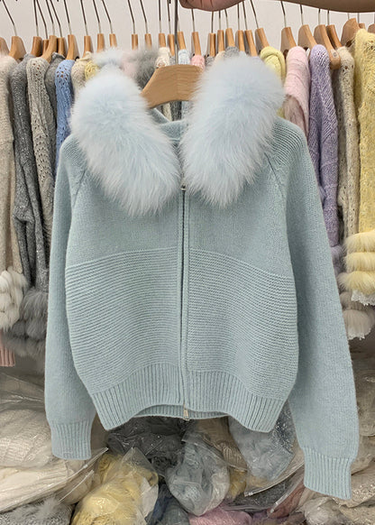 Art Blue Hooded Fox Collar Patchwork Knit Coat Winter