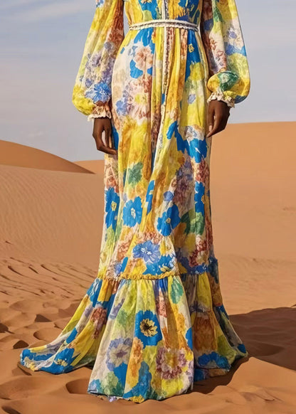 Yellow V Neck Print Chiffon Beach Dress Spring