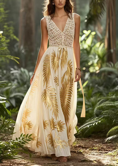 Golden Print Exra Large Hem Chiffon Vestidos Dress Summer