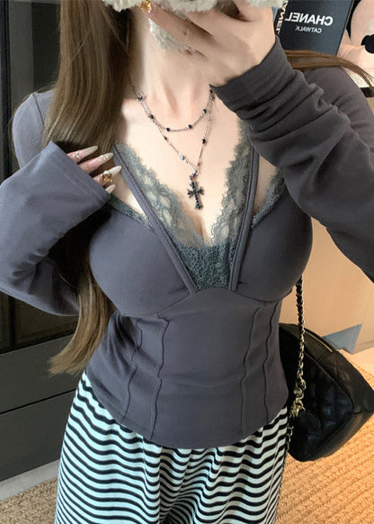 Grey Patchwork Lace Halter Tops Spring