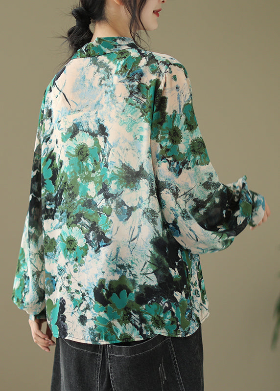 Green Peter Pan Collar Print Cotton Shirt Tops Fall