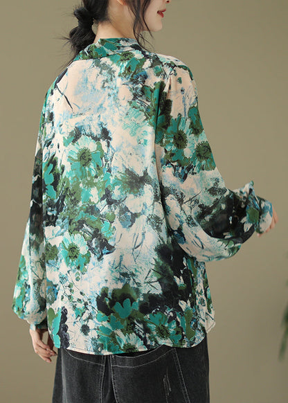 Green Peter Pan Collar Print Cotton Shirt Tops Fall