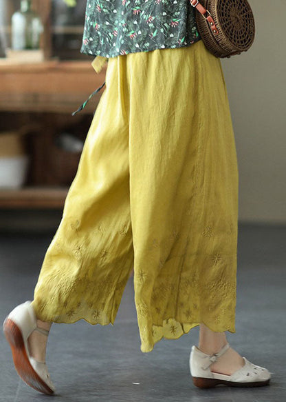 Yellow Elastic Waist Embroidered Linen Crop Pants Summer