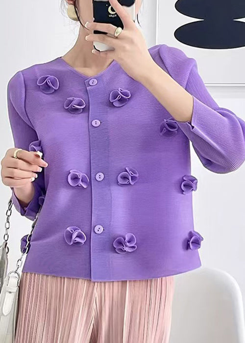 Unique Purple O Neck Wrinkled Silk Top Fall
