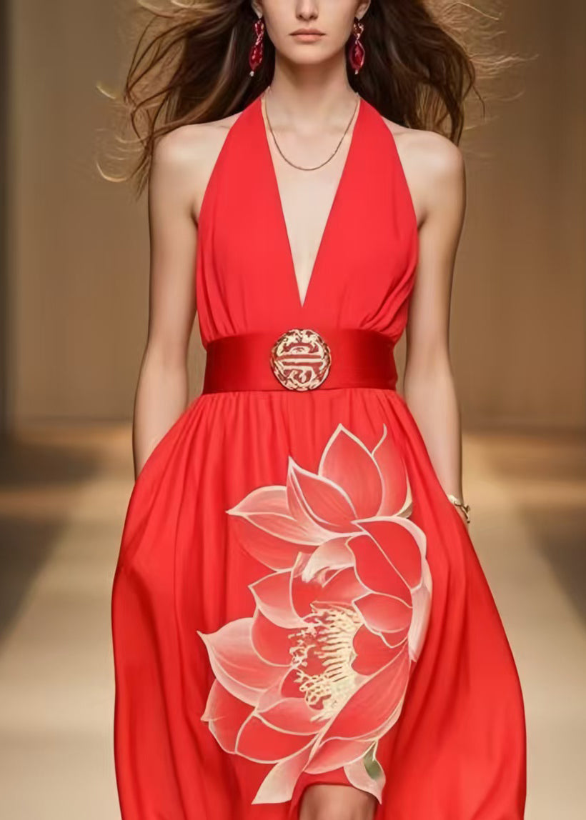 Organic Red Cold Shoulder Chiffon Halter Dress Summer