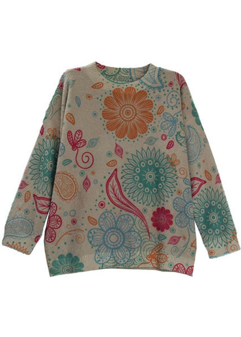 Khaki Retro Print Knitted Sweaters Top