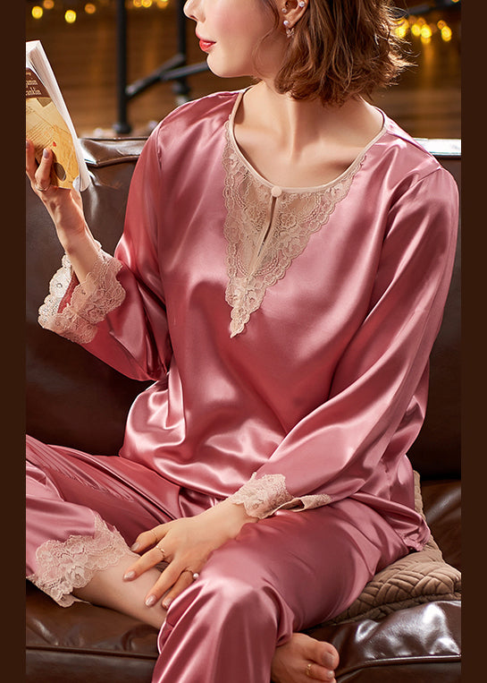 Pink Lace Patchwork Silk Pajamas Two Pieces Set