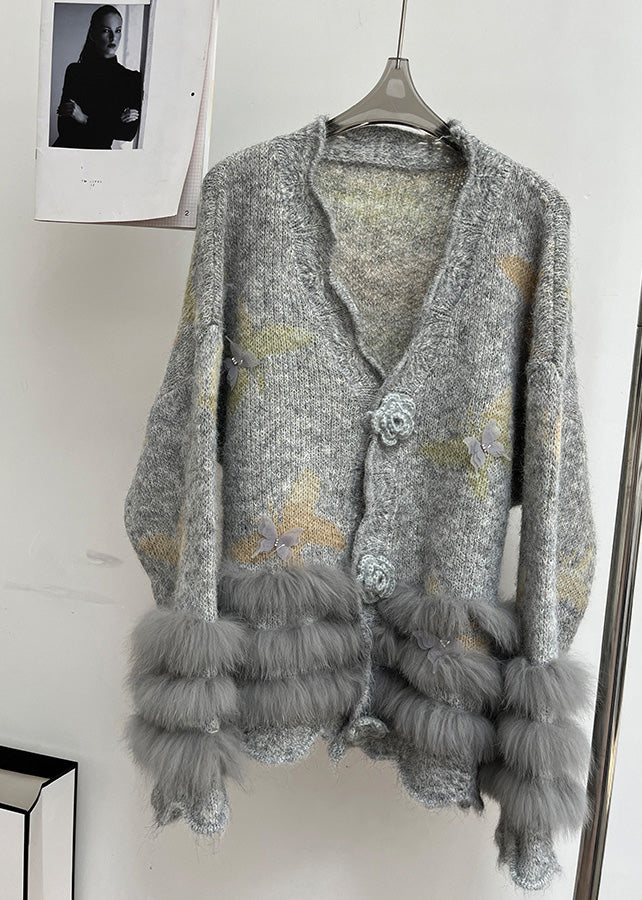 Modern Light Grey V Neck Fur Cotton Knit Cardigans Spring