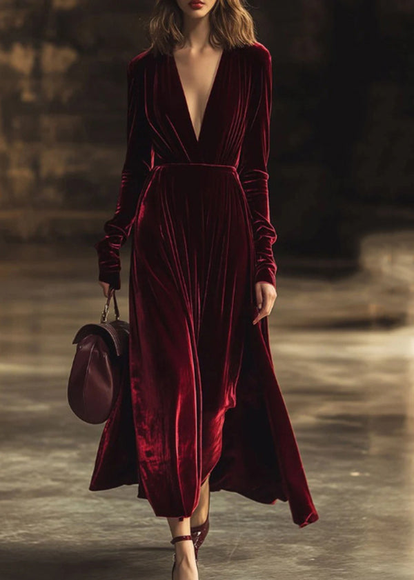Blue V Neck Patchwork Velvet Long Dresses Fall