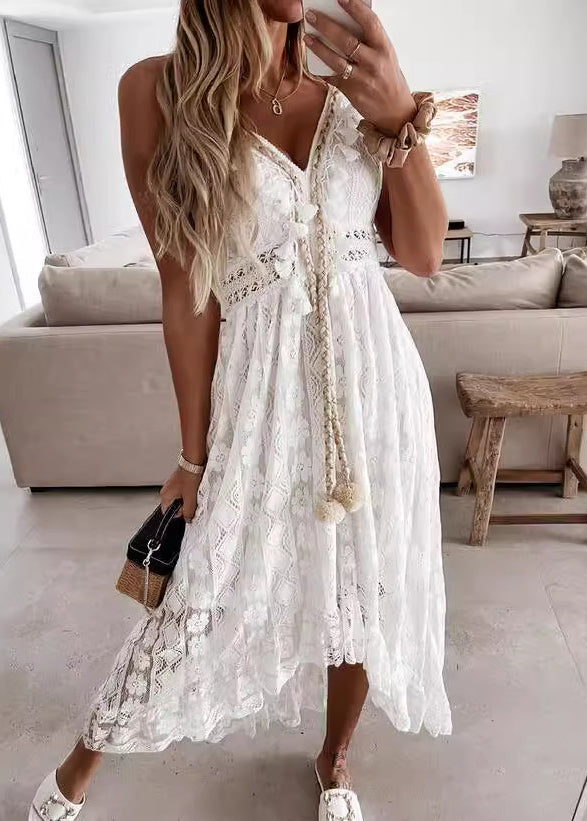 White V Neck Lace Spaghetti Strap Dress Summer