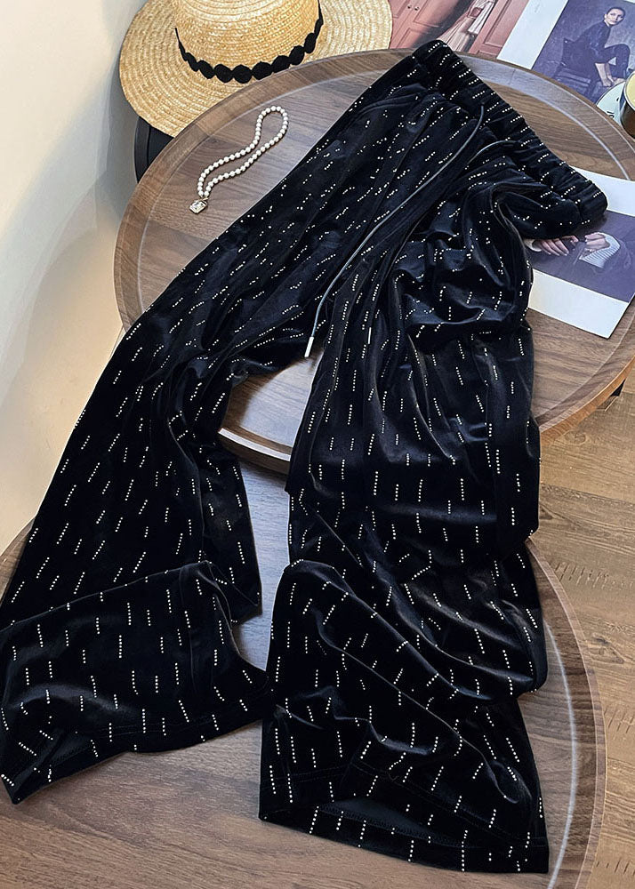 Black Print Wrinkled Elastic Waist Wide Leg Pants Fall