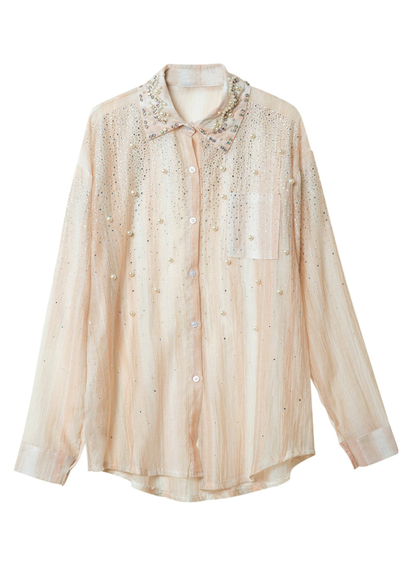 Orange Peter Pan Collar Nail Bead Zircon Chiffon Shirts Fall