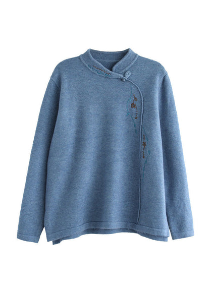 Blue Stand Collar Embroidered Thick Knitted Sweater Long Sleeve