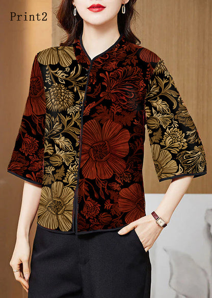 Red Mandarin Collar Print Silk Shirt Tops Half Sleeve