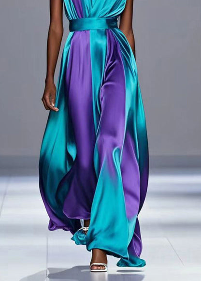 Dull Green Cinched Patchwork Silk Vacation Dresses Sleeveless