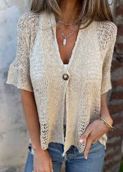 Organic White V Neck Hollow Out Knit Tops Summer