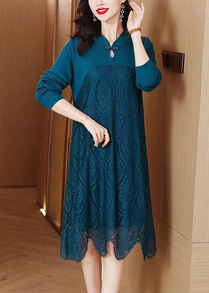 Blue Stand Collar Knit Patchwork Lace Sweater Dress Fall