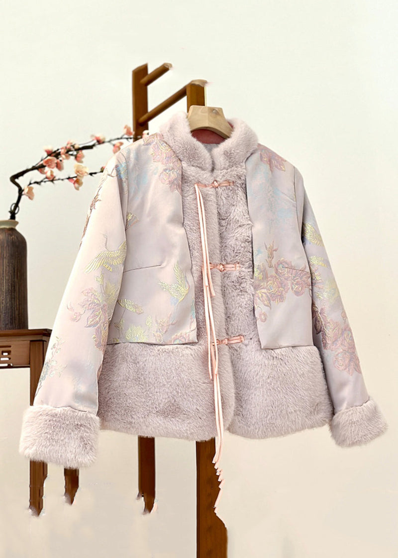 Pink Fur Collar Print Patchwork Parka Winter