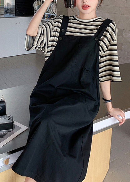 Classy O-neck Striped Patchwork T Shirt and Long Dress Two Piece Set Summer