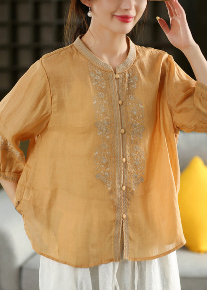 Orange O-neck Embroidered Linen Shirt Summer