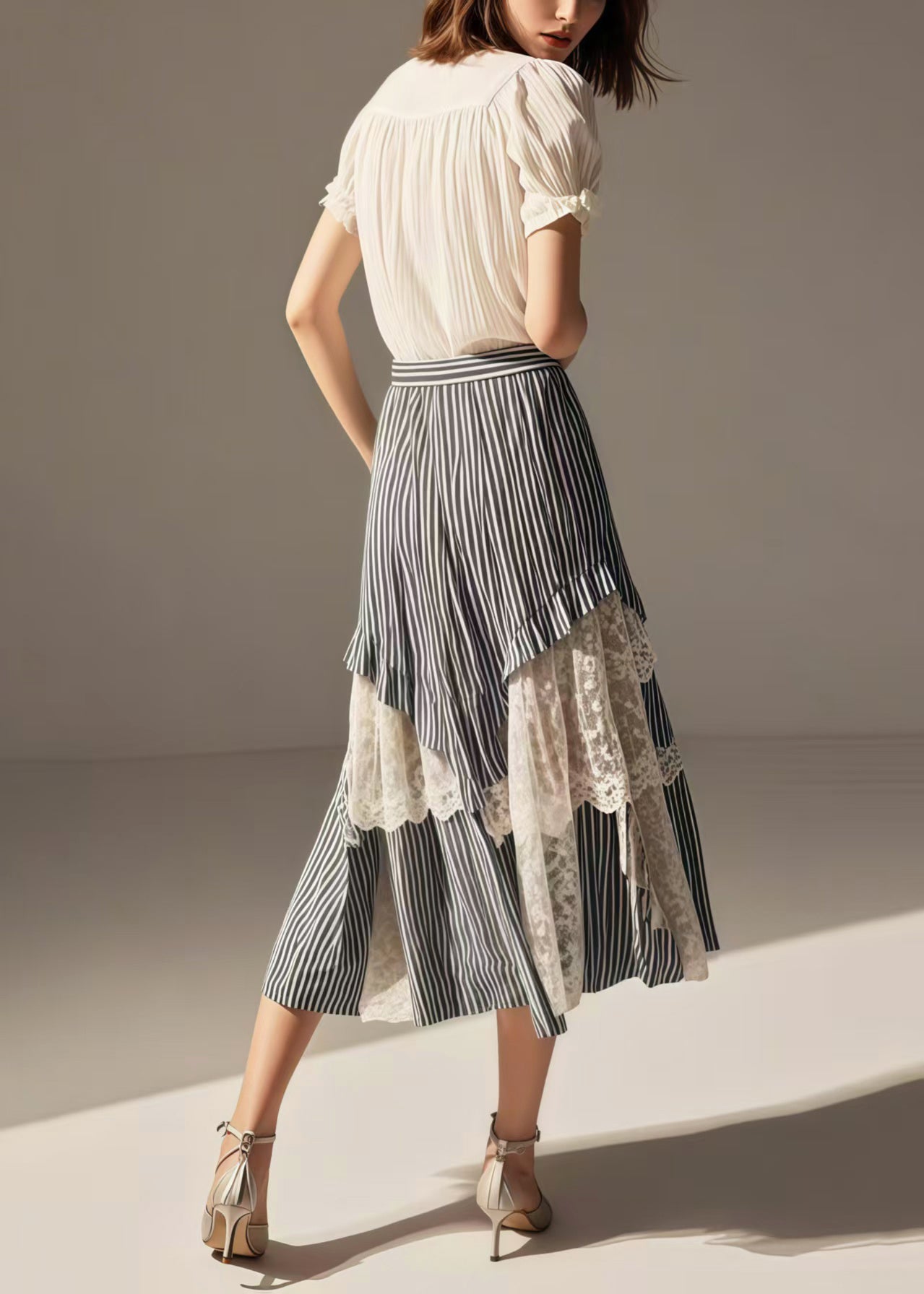 Blue Striped Asymmetrical Patchwork Lace Skirts Summer