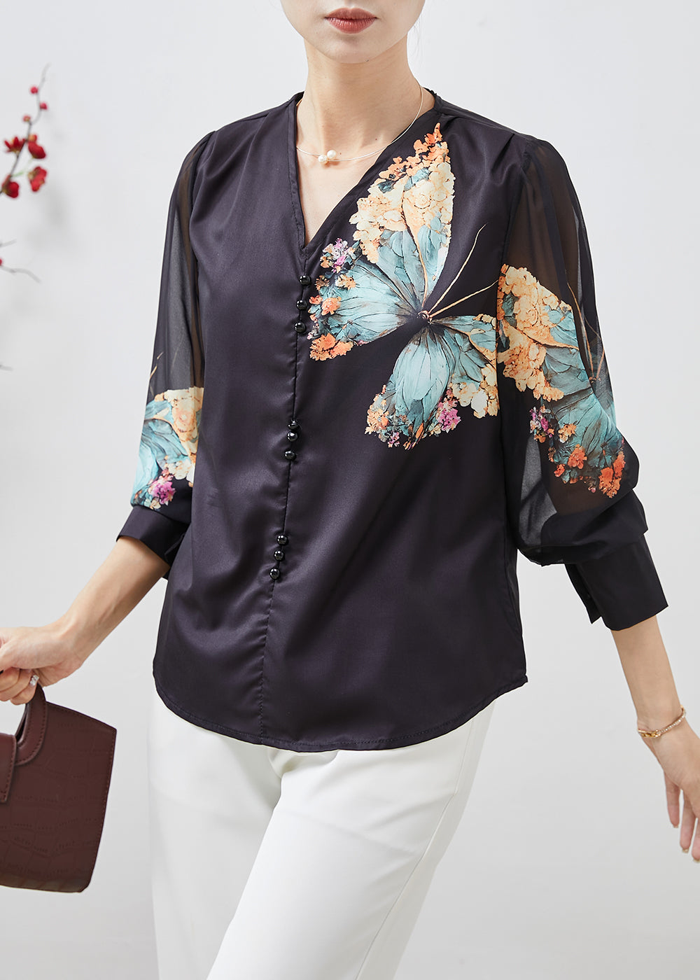 Black V Neck Butterfly Silk Blouses Spring