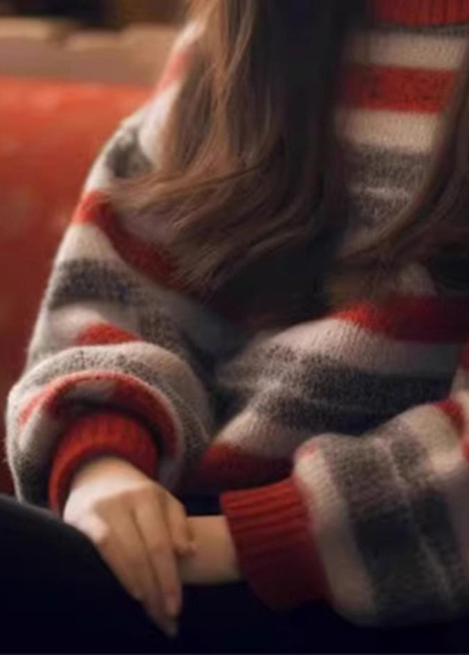 Striped O Neck Cozy Thick Knit Sweater Winter