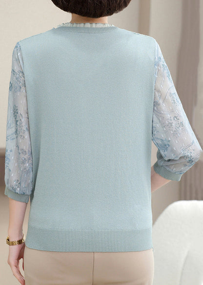 Pink V Neck Nail Bead Patchwork Knit T Shirt Half Sleeve