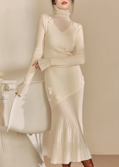White Hign Neck Patchwork Slim Fit Knit Sweater Dress Fall