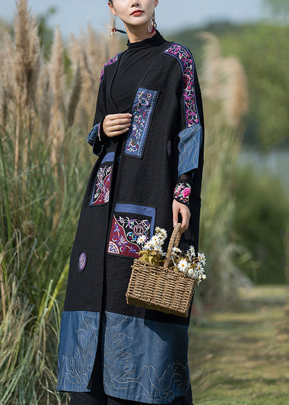 Black Embroideried Denim Patchwork Long Cardigan Fall