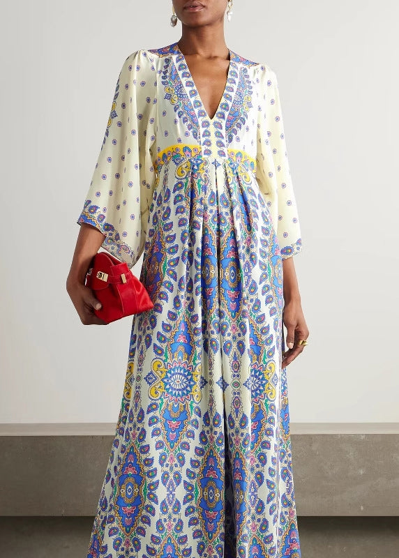 Blue V Neck Print Cotton Maxi Dresses Summer