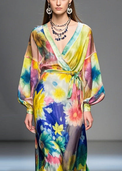 Flower Print Tie Waist Silk Long Dress Fall