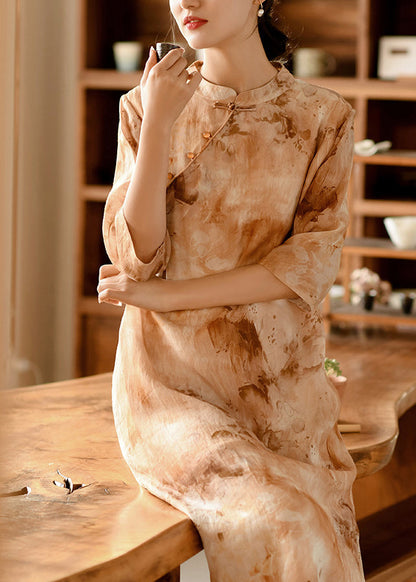 Chinese Style Orange Stand Collar Print Linen Long Dress Summer