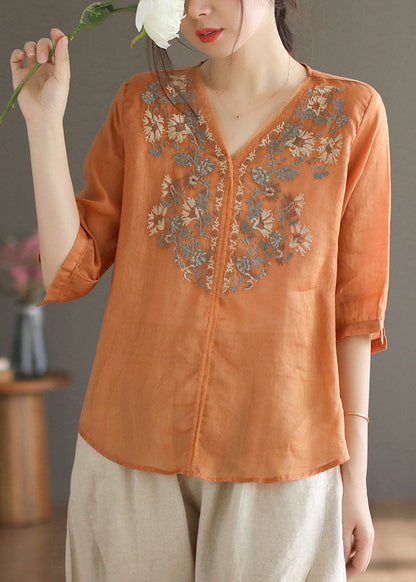 Orange V Neck Embroidered Linen Blouse Top Half Sleeve