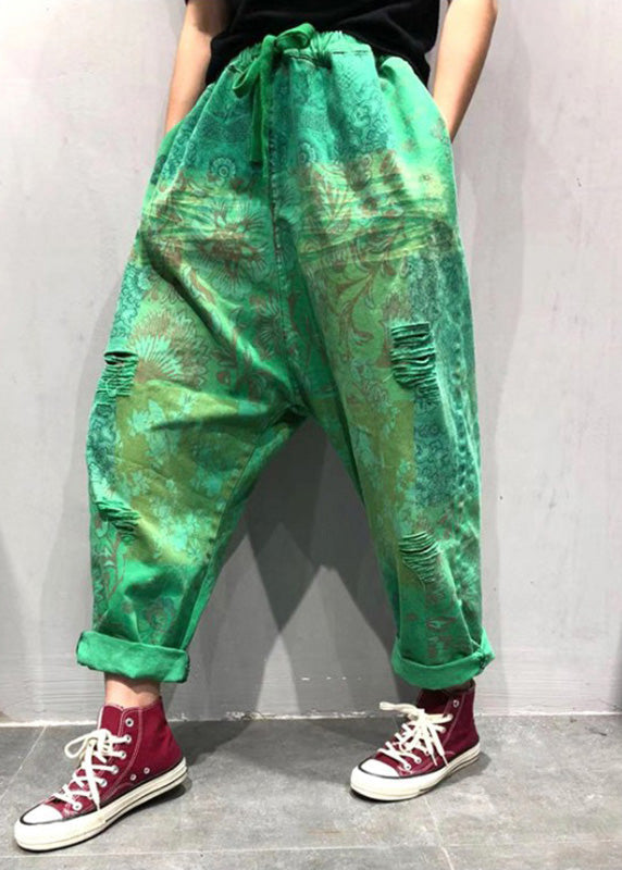 Blue Print Tie Waist Ripped Wide Leg Pants Summer
