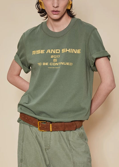 Green O Neck Letter Cotton T Shirt Summer