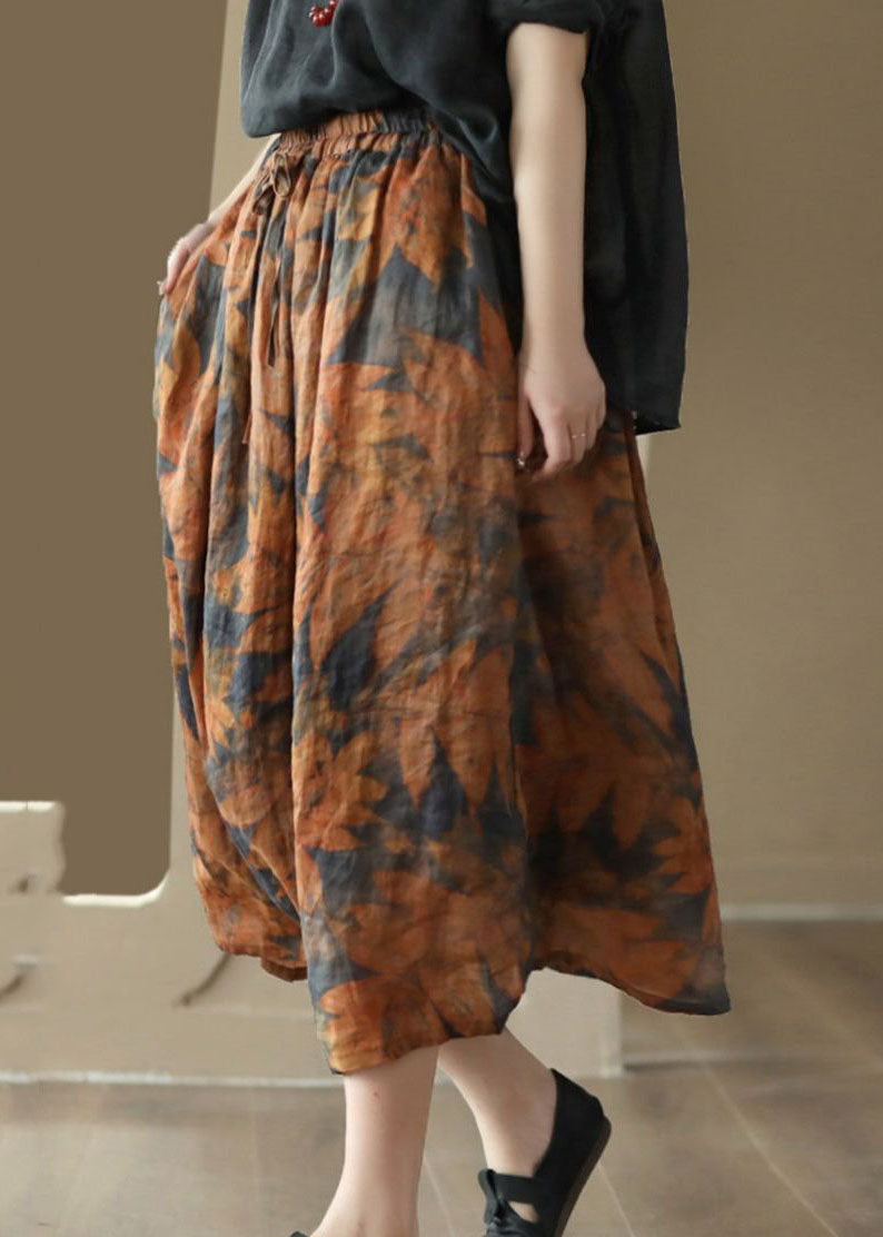 Orange Wrinkled Pockets Patchwork Linen Skirt Summer
