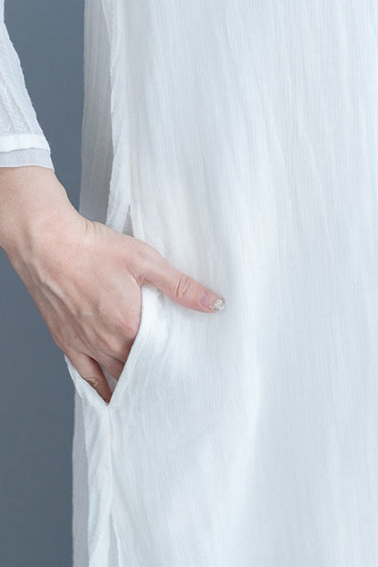 White Silk Linen Long Summer Dresses V-neck Clothing